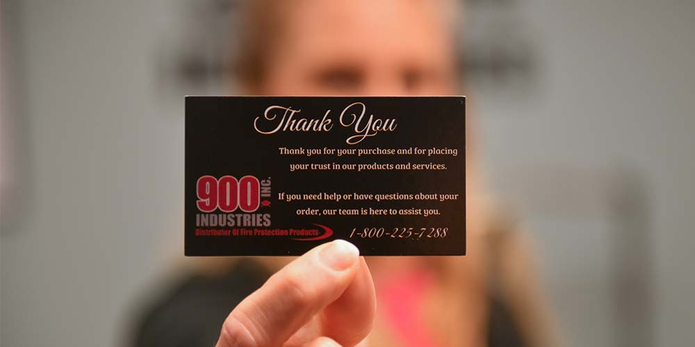 A card that says "Thank you for your order from 900 Inudstries"